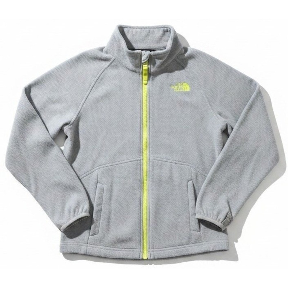 The North Face Boys Medium Fleece Jacket Gray Full Zip Neon Yellow Logo Outdoor